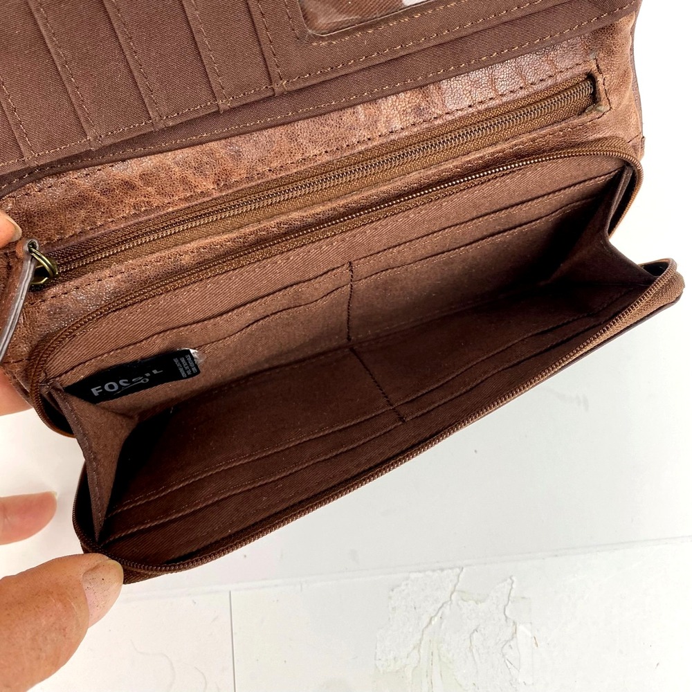 Fossil Embossed Leather Bifold Wallet Dk Brown Multi Pockets Clutch Supple Fine - Picture 7 of 7